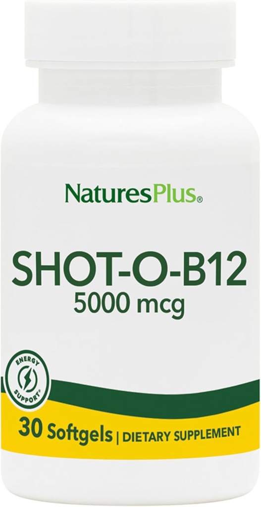 Natures Plus Shot-O-B12 (Cyanocobalamin) - 5000 mcg, 30 Softgels - Alta potenza, Veloce B12 Supplemento - Memory & Energy Booster - Gluten-Free - 30 Serve