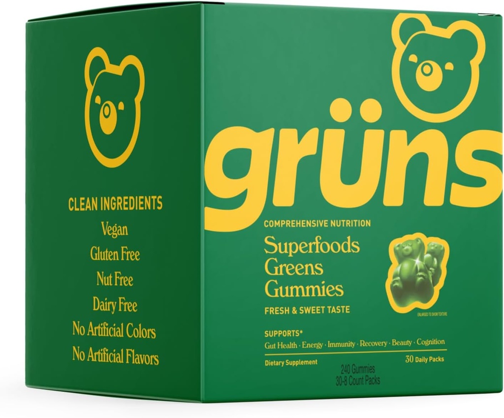 Gruns Super Greens Gummy Bears - Spirulina Organica e clorella, Prebiotici per la salute digestiva, 20+ Vitamine e Minerali - 30 sacchetti - 240 Gummies