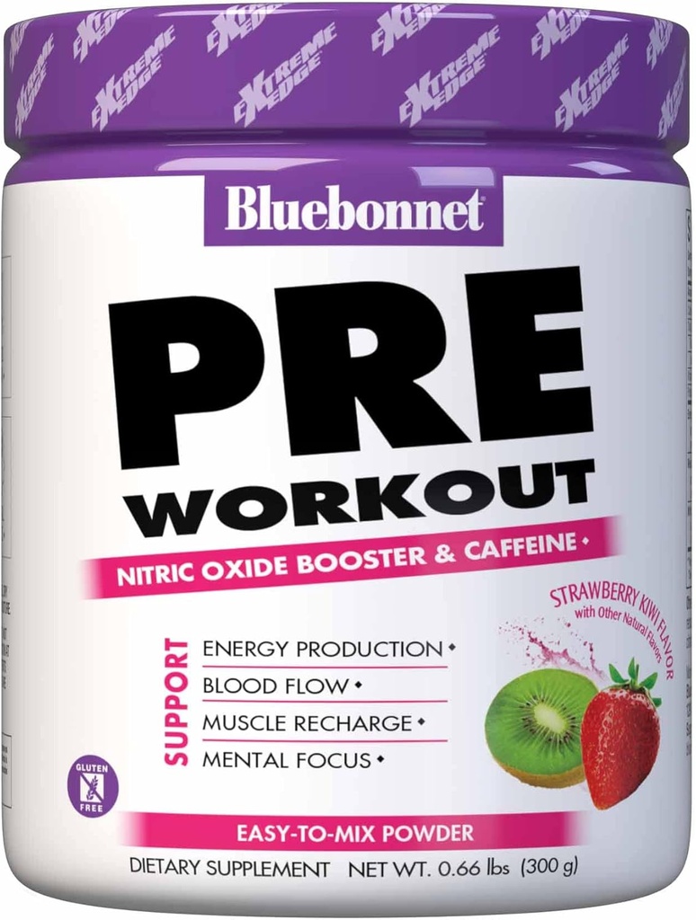 Bluebonnet Nutrition Extreme Edge Pre Workout, Muscle Recharging Formula*, Aumenta i livelli di ossido nitrico (NO)*, Soy-Free, Dairy-Free, Strawberry Kiwi, 30 Serve, 10.56 Ounce