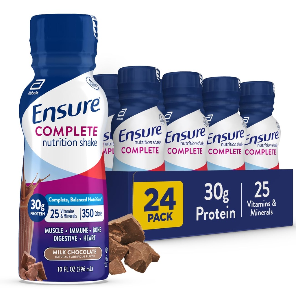 Assicurare COMPLETE Latte Cioccolato Nutrizione Shake, Sostituzione completa e bilanciata dei pasti, Pronta per bere, 30g Protein, 25 Vitamine & Minerali, 10 fl oz—24 Pack