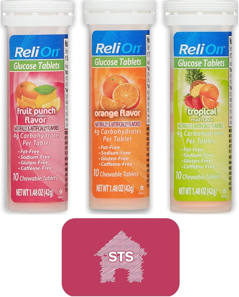 Tavolini in glucosio Relion (Mix Flavors) Arancione, Tropicale e Frutta Punch - Totale 30 compresse + STS Sticker.