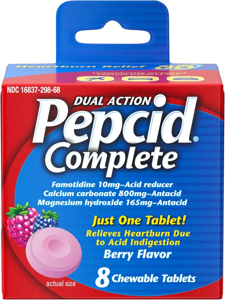 Riduttore di acido completo di peptidi + anacido per il riflusso acido, 10 mg di Famotidina, carbonato di calcio di 800mg & 165 mg di magnesio idrossido per la medicina di bruciore, chews di azoto, bacche, 8 ct