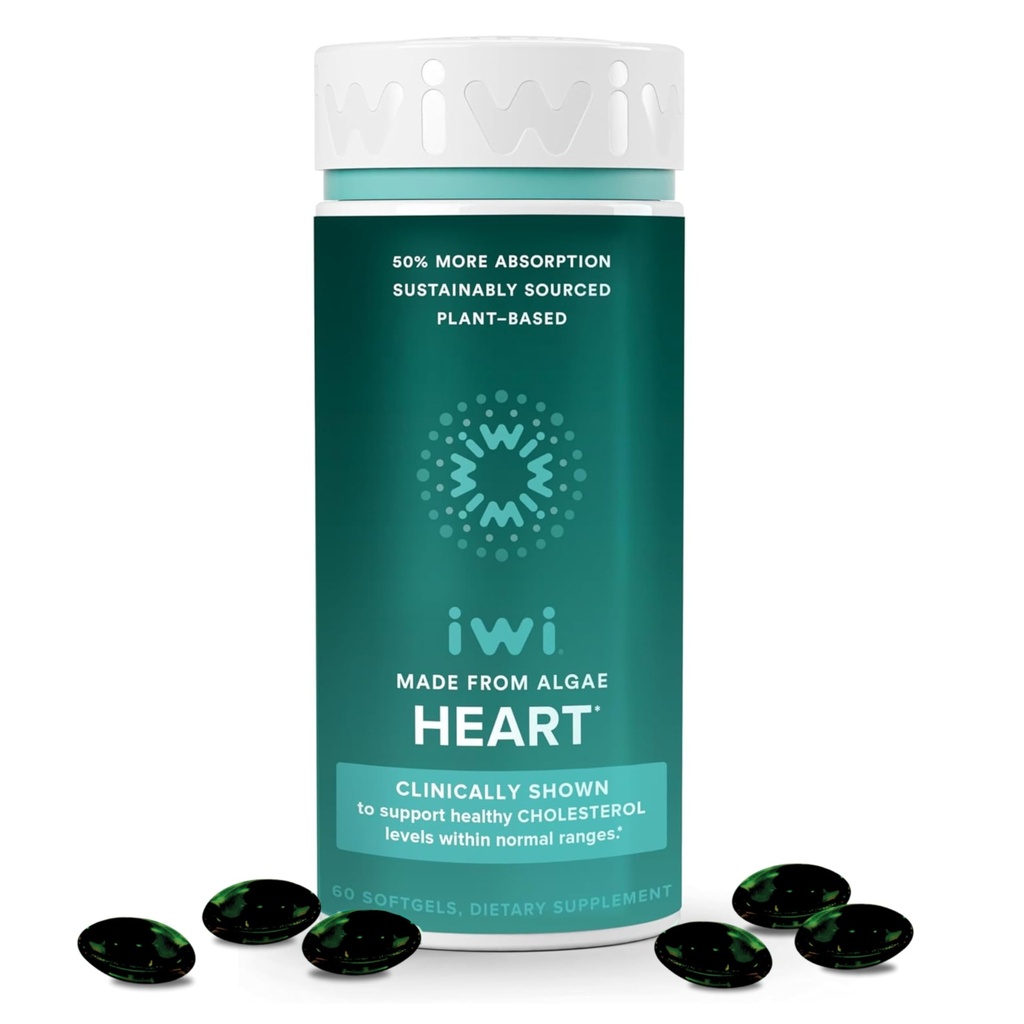 Iwi Life Heart Omega-3, 60 Softgels (30 Serve), Vegan Algae Omega Fatty Acids + EPA, Heart Health Support Integratore alimentare, Krill & Fish Oil Alternative, No Fishy Aftertaste