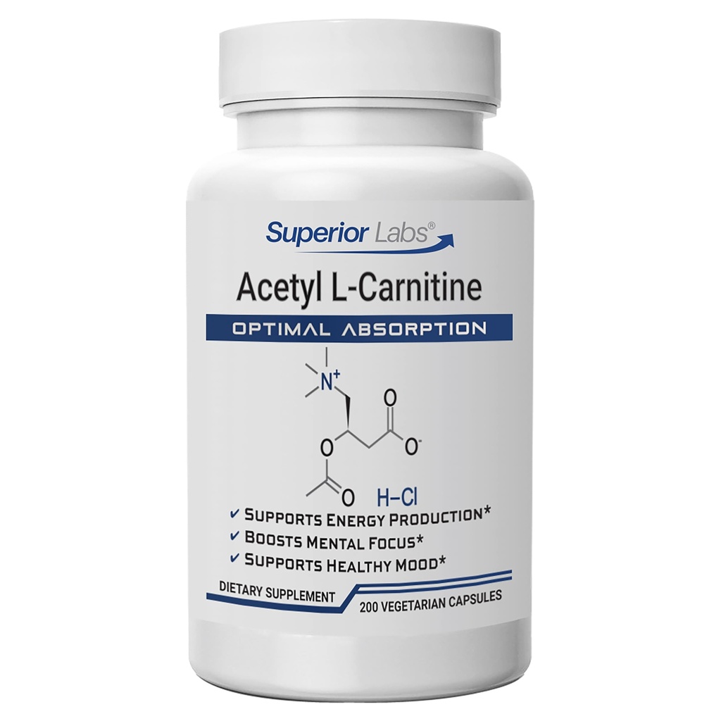 Superior Labs Acetyl L-Carnitine 500 mg, High Potency ALCAR, Pure Non-GMO, Zero Synthetic Additives, Maximum Absorption, Energy & Fat Metabolism, Brain, Nerve & Cellular Detox Support, (200 Veg Caps)