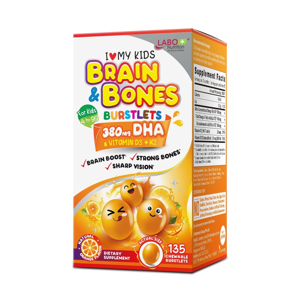 LABO Nutrition I My Kids Brain & Bones Chewable Burstlet, Gluten Free, for Stronger Bones & Behavioral Management, 76% Ultra-Concentrated rTG Form Omega 3 DHA Fish Oil, Vitamin D3 & K2, Arancione