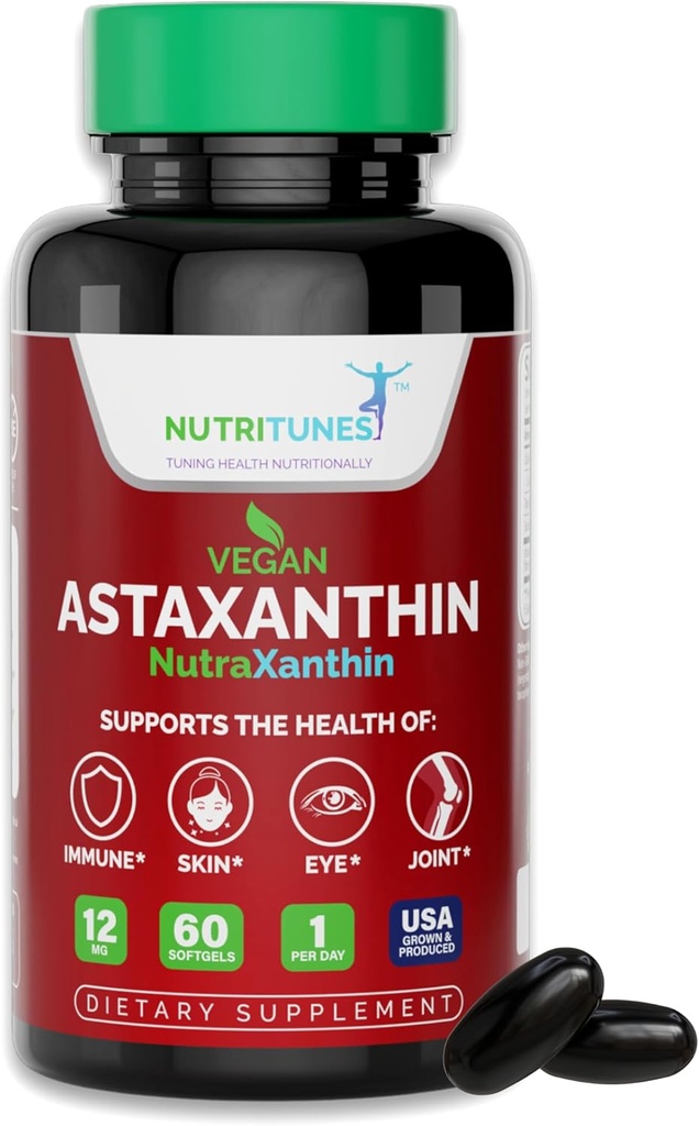 Astaxanthin 12mg Vegan Softgels – Antiossidante ad alta potenza per pelle, Eye & Supporto immunitario – Non OGM, Libero di Gluten, Soia, Lactose & BSE, 60 Vegan Softgels, Alimentazione 2-Month
