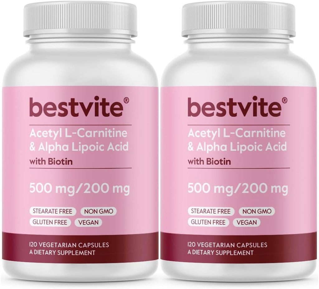 BESTVITE Acetil L-Carnitina 500mg & Alfa Lipoic Acid 200mg per capsula con Biotina (240 capsule vegetariane) (120 x 2) - No Stearates - Vegan - Non OGM - Gluten Free