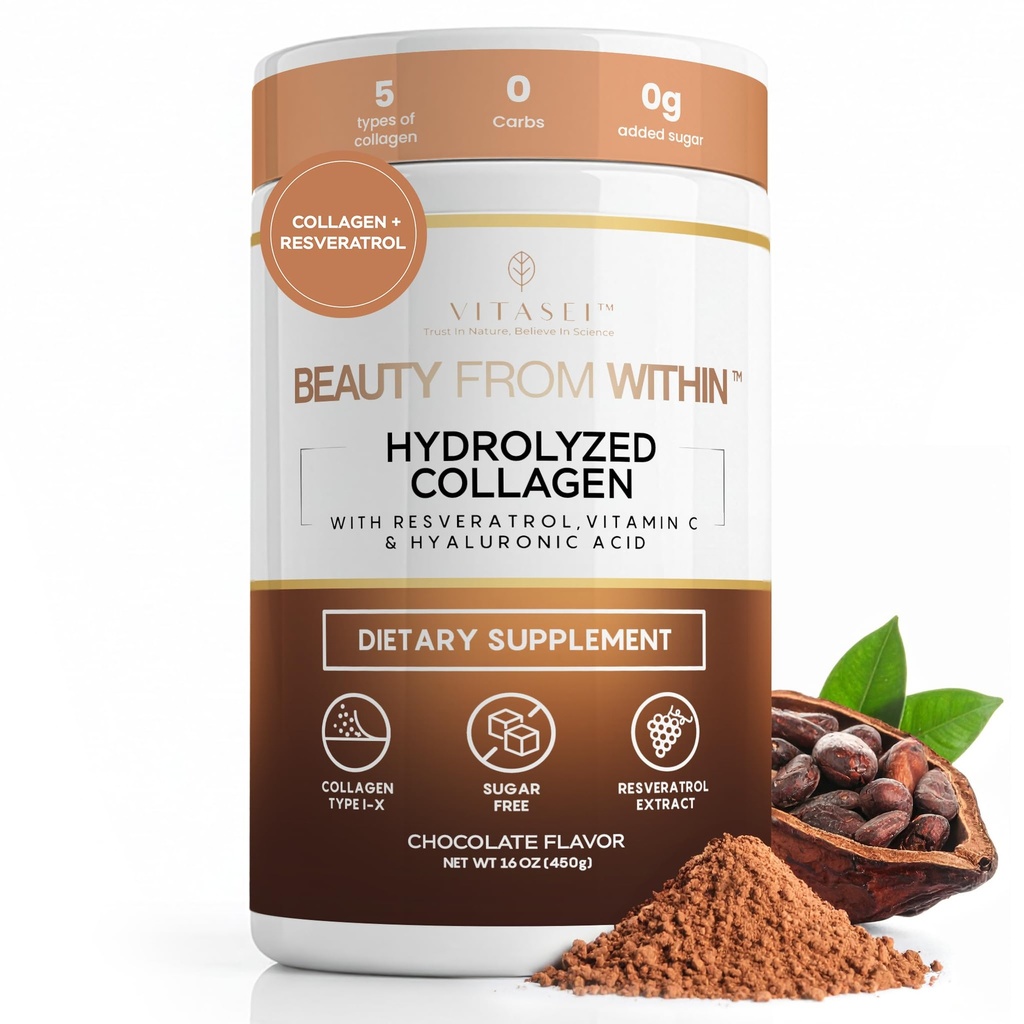 Peptidi di collagene idrolizzati Polvere con vitamina C & Resveratrolo - Capelli, Pelle e Vitamine Unghie per Donne & Uomini - Bone e Supplemento Congiunto - Cioccolato aromatizzato - 16 oz