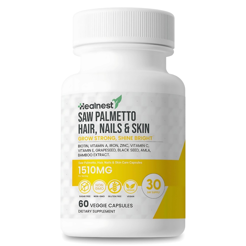 Hair, Nails & Skin Care con – Saw Palmetto, Biotin, Amla - 60 Non OGM, Gluten Free, Veggie Capsule per Uomini e Donne