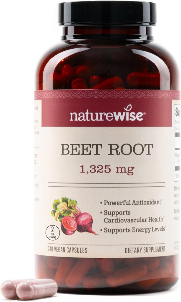 Estratto di radice di barbabietola naturale 1325mg con barbabietola organica - Booster di ossido nitrico per la circolazione e il supporto di salute del cuore - Vegan, senza glutine, non OGM - 240 capsule[120 Day Supply]