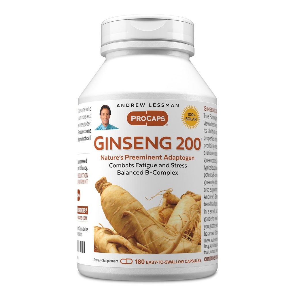 ANDREW LESSMAN Ginseng 200mg - 180 Capsules - Estratto standardizzato per sostenere il benessere. Adaptogen, Combats Fatigue e Stress. Capsule gentili, piccole, facili da asporto. Nessun Additivo