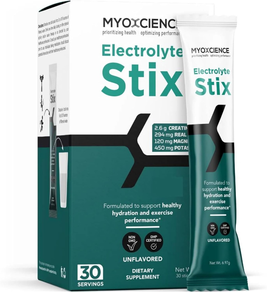 MYOXCIENCE Electrolyte STIX | Creatina Electrolyte Powder | Recupero da Esercizio & Sviluppo Muscolo w/Real Salt (Unflavored) (Stix 30 ct)