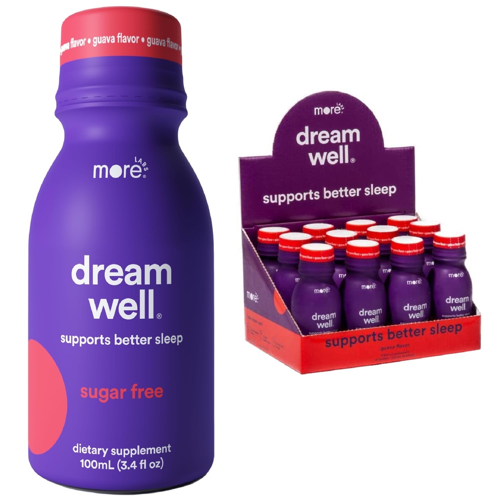 Più Labs Dream Well, 5MG Melatonin Holistic Sleep Drink Solution, Non-Habit Forming con 5HTP, Lemon Balm, Jujube Seed, Glycine (Pack of 12)