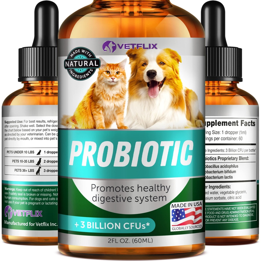 Probiotici Premium per Cani, Gatti - Integratore Enzimi Digestivi & Prebiotici - Aiuta a Alleviare la Diarrea, Vomito, Sintomi di Repressione, Gas, Costipazione & Respiro cattivo - Supporta il Sistema Digestivo - 2 Fl Oz