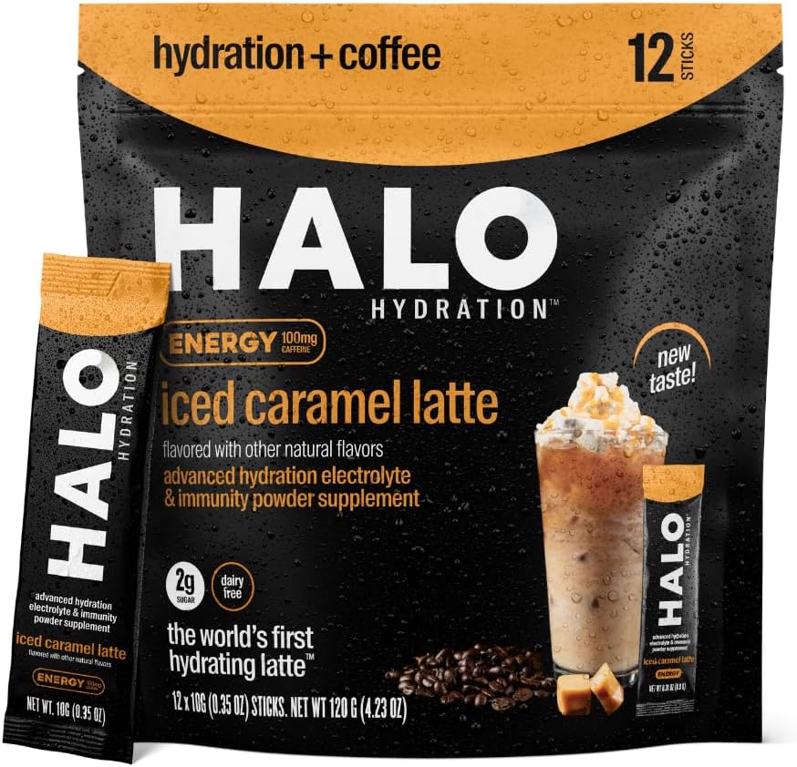 HALO Iced Caramel Latte - Polvere di bevanda energetica – Miscela di caffè sano per l'idratazione con elettroliti, caffeina, vitamine e minerali - 20 Calorie - Keto e Calorie basse - 1 x 12 Sticks