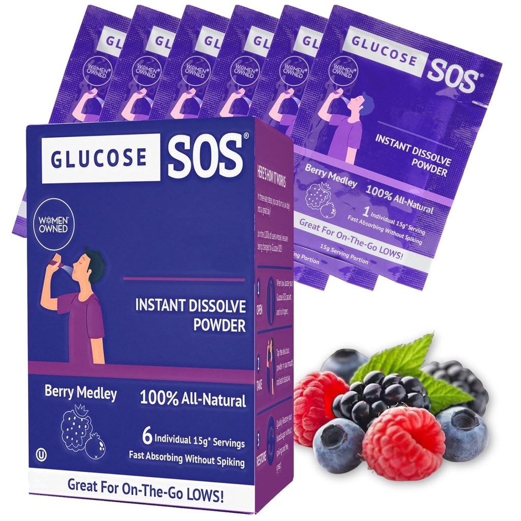 Glucosio SOS Glucose Medley Medley Glucose Polvere, naturale Dextrose Packets, rapido assorbimento, istantaneo Dissolves, Nessuna acqua necessaria, 6 Sachet per scatola