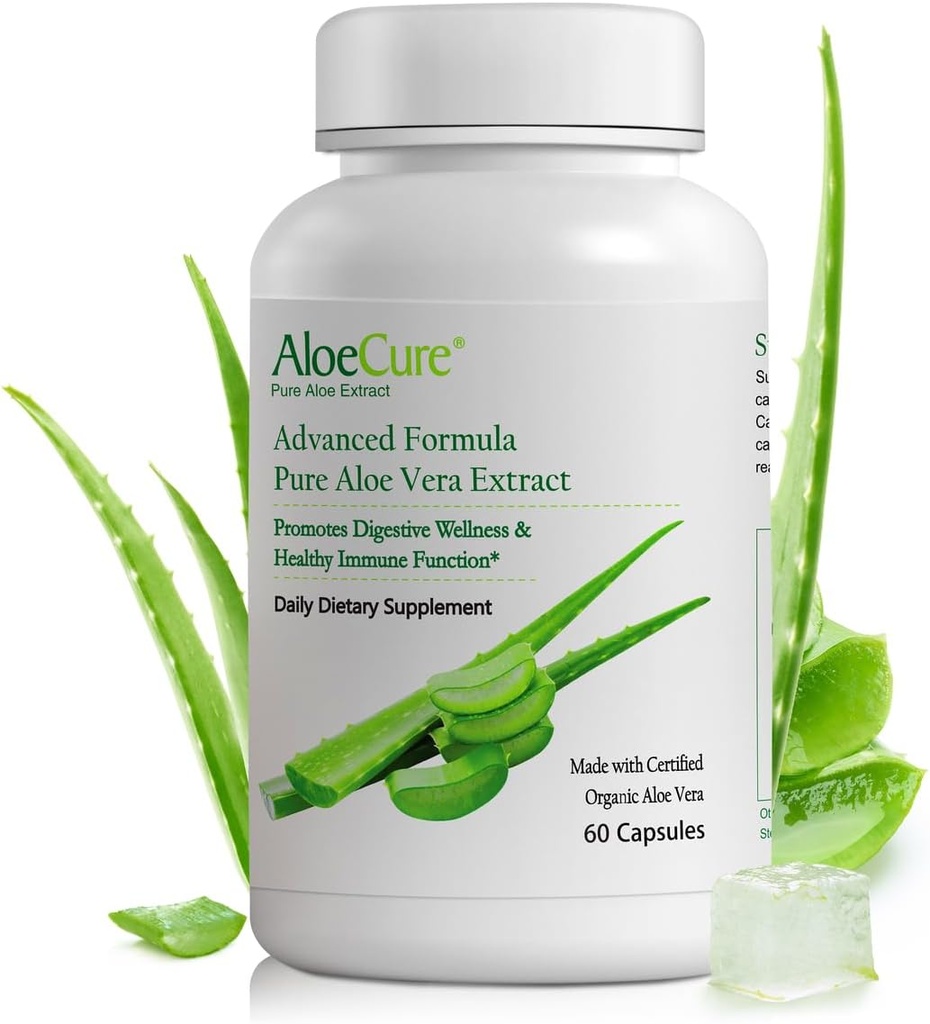 AloeCure Organic Aloe Vera Capsule, 130.000mg Aloe Leaf Equivelant per Serving, Support Gut Health & Digestive Comfort, Stomach Acid Buffer, Natural Immune Supplement, Aloin Free, 60 Capsule