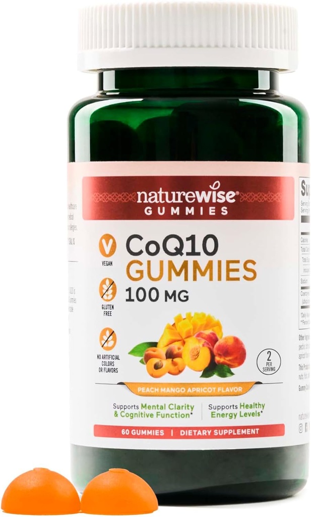NatureWise CoQ10 Gummies 100mg - Peach Mango Flavor - Supplemento per la salute del cuore e l'attività antiossidante - Pectin-Based, Vegan, Soy and Gluten Free, Non-GMO - 60 Count[1-Month Supply]