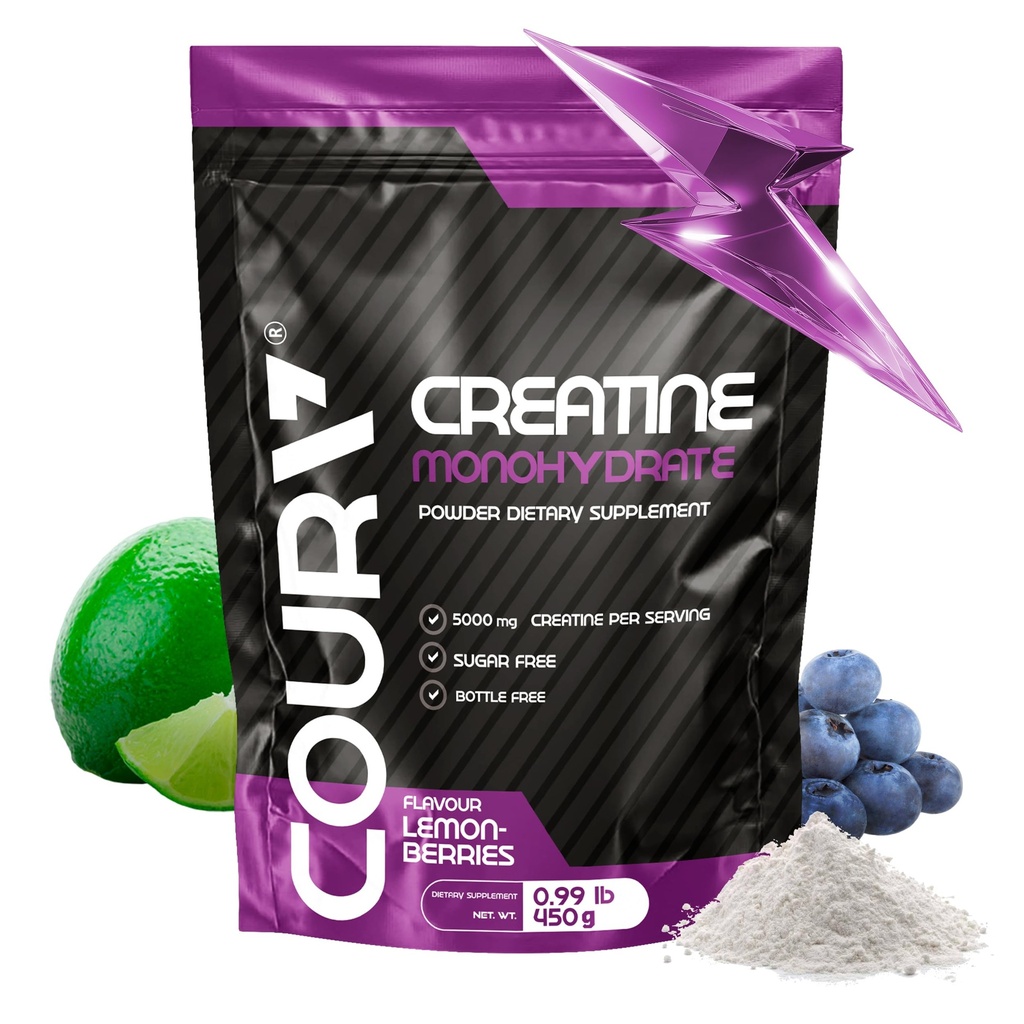 COURA Creatina Monoidrato Limoni-Berries Flavor - Supplemento sportivo - Resistenza e resistenza - Ideale per allenamenti intensi - Gluten Free - Bottiglia Gratis - 450g