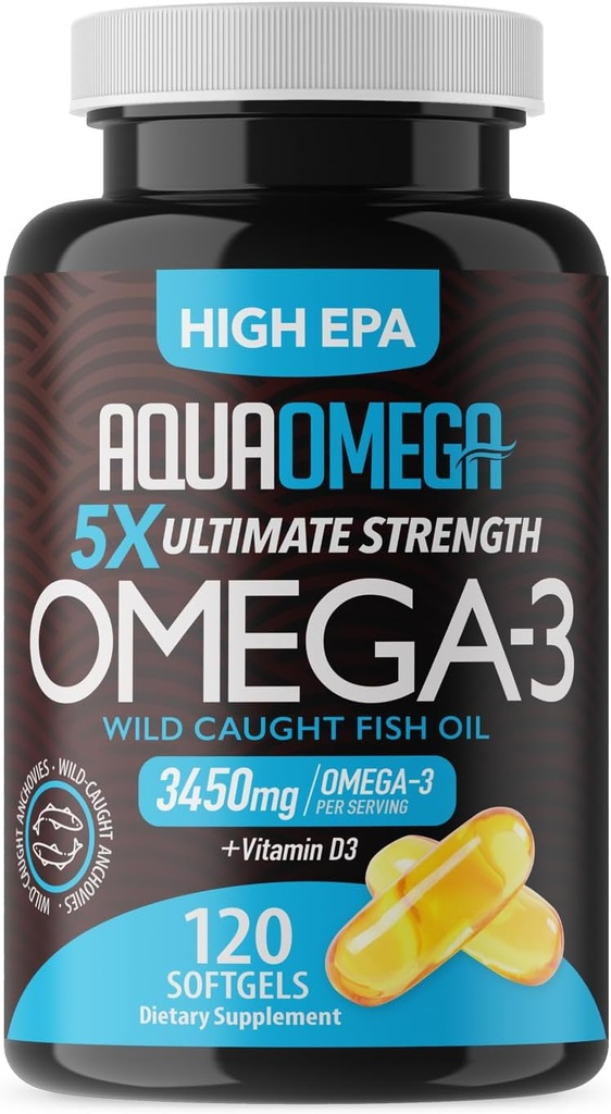 5X Ultimate Strength Omega 3 Fish Oil Integratori, Wild Caught Fish Oil Omega 3 Integratori con EPA, DHA e vitamina D, Fishoil Omega3 Supplemento per le donne e gli uomini, 120 Softgels, non aromaed