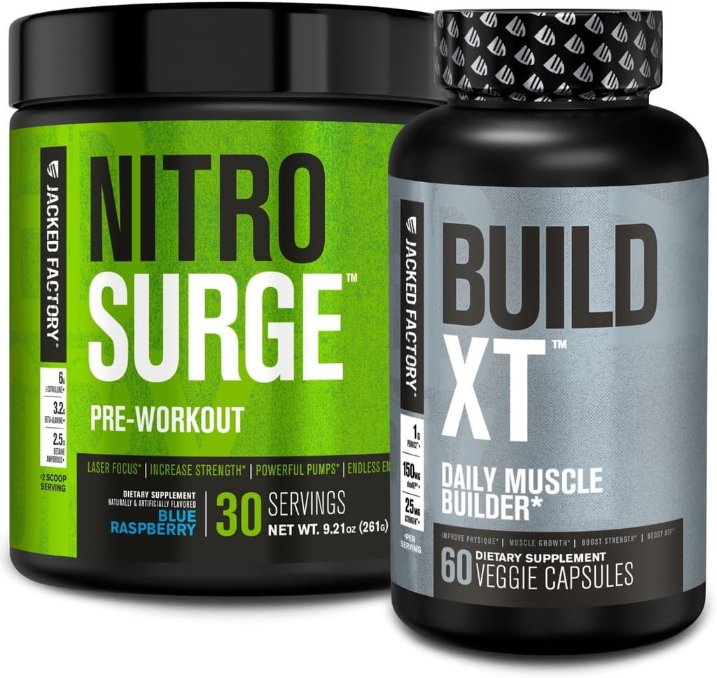 Jacked Factory Nitrosurge Pre-Workout in Blue Raspberry & Build XT Muscle Building Bundle per uomini e donne