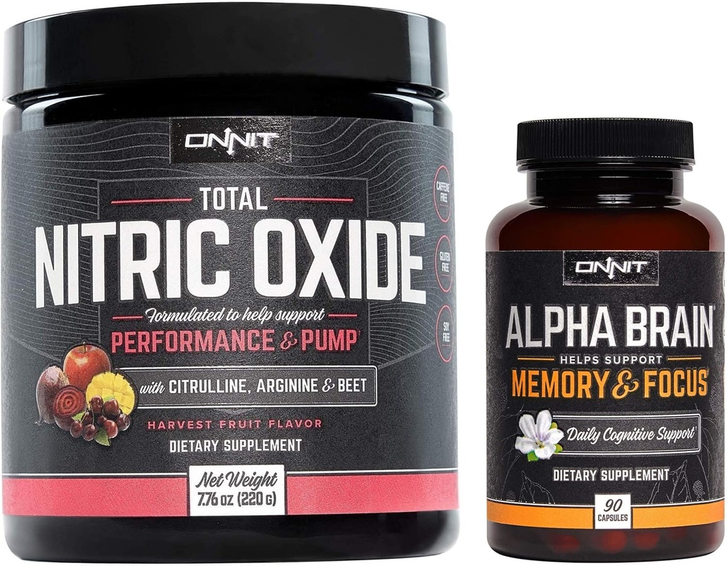 ONNIT Nootropic + Preworkout Stack - Cervello alfa (90ct) + Ossido nitrico totale (frutta del raccolto)