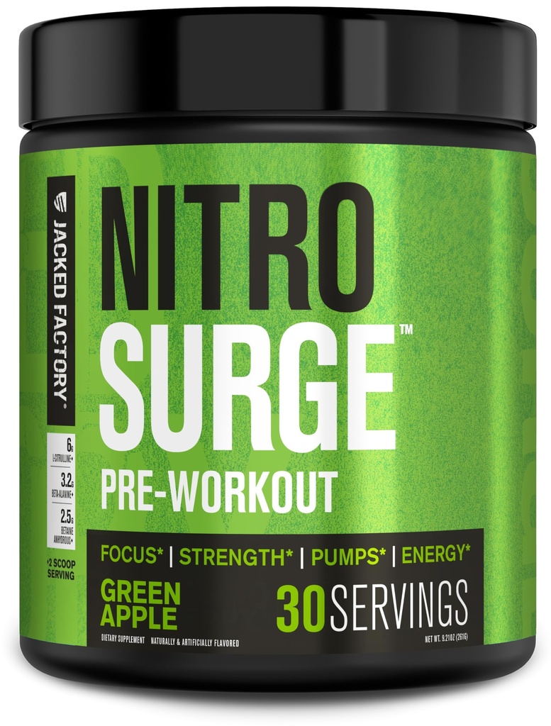 Jacked Factory NITROSURGE Pre Supplemento di allenamento - Energia senza fine, Gains di resistenza istantanea, messa a fuoco trasparente, pompe intenzionali - NO Booster e potente polvere di energia pre-allenamento - 30 Serve, mela verde