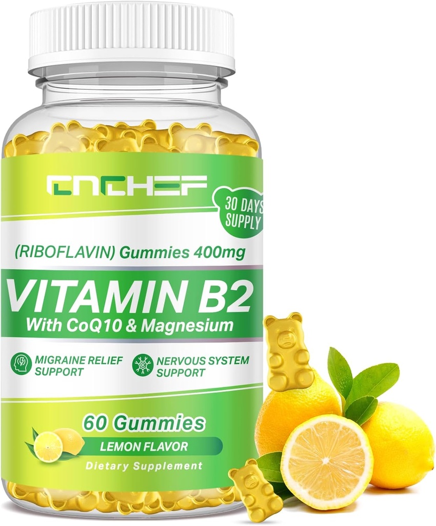 Vitamina B2 Gummies per adulti e bambini - Riboflavin 400mg Supplemento con Magnesium Glycinate & CoQ10, Support Migraine Relief & Nervous System, Boost Energy, Sugar Free Vegan B2 Gummies Lemon Flavor