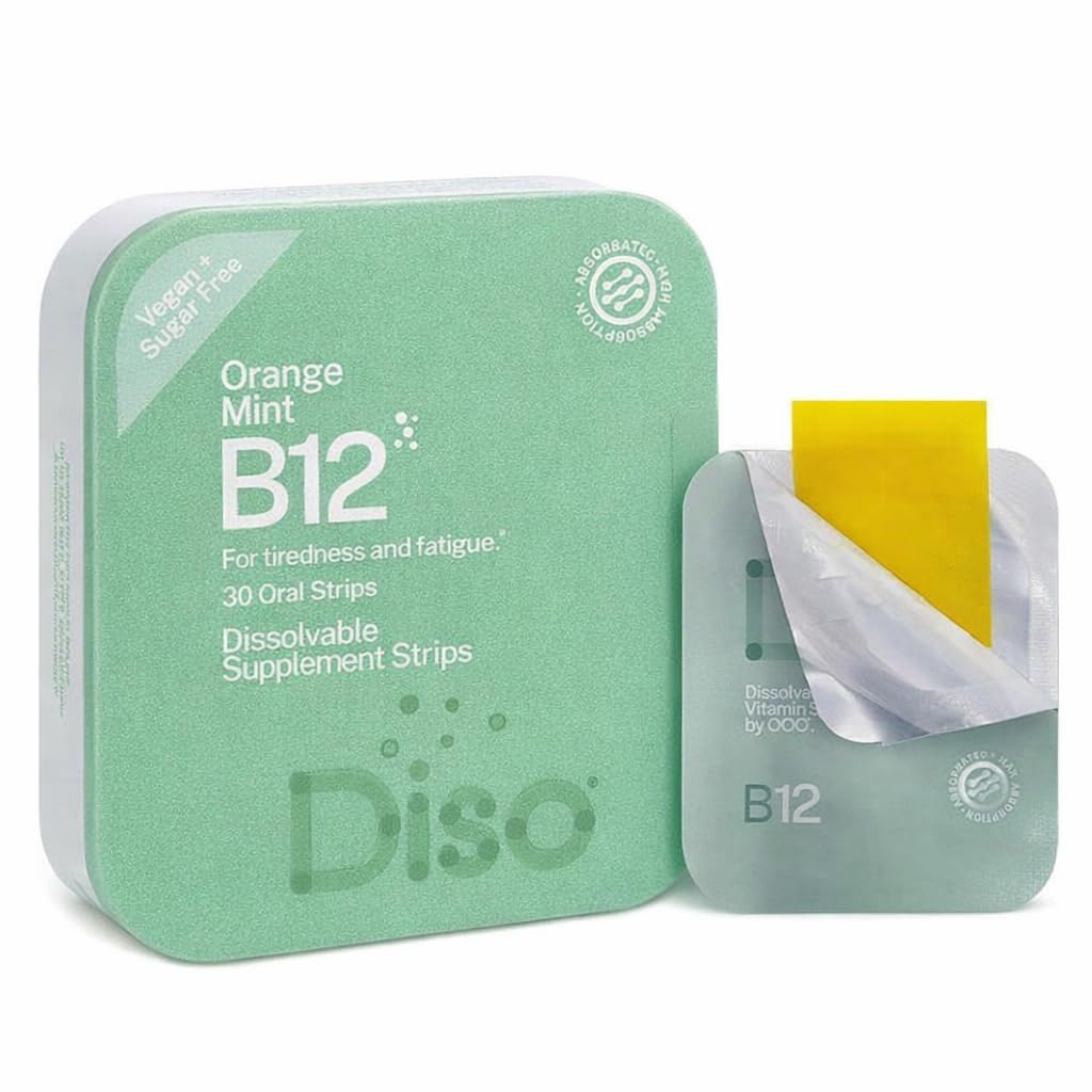 DISO - Vitamina B12 - Strisce Orali Fast-Dissolving, per Tiredness e Fatigue, Arancione Mint Flavor, Vegan, Zucchero Libero, Assorbimento massimo, Senza Glutine, In Individualmente Avvolto, 30 Strisce Dissolvibili