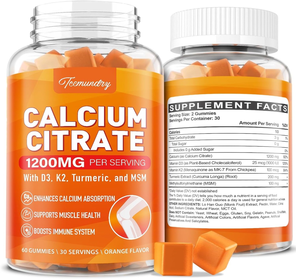 Calcio 1200 mg con vitamina D3 Supplemento Gummies per gli adulti: Citrato di calcio di assorbimento finale con vitamina D3 K2, estratto di curcuma, MSM per gli uomini delle donne