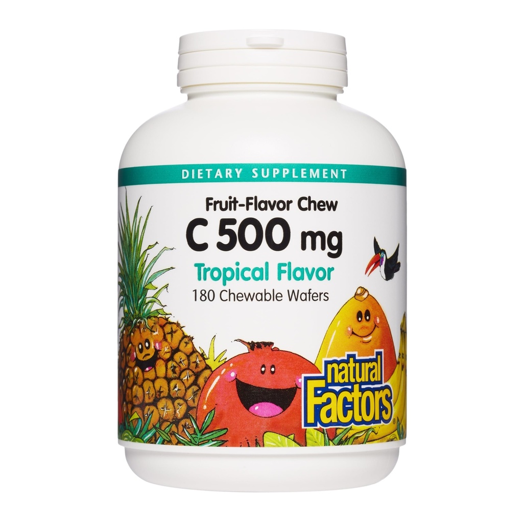 Fattori naturali, Vitamina C 500 mg per bambini masticabile, Supporta la salute immunitaria, le ossa, i denti e le gengive, Tropicale, 180 Conte (Pacchetto di 1)