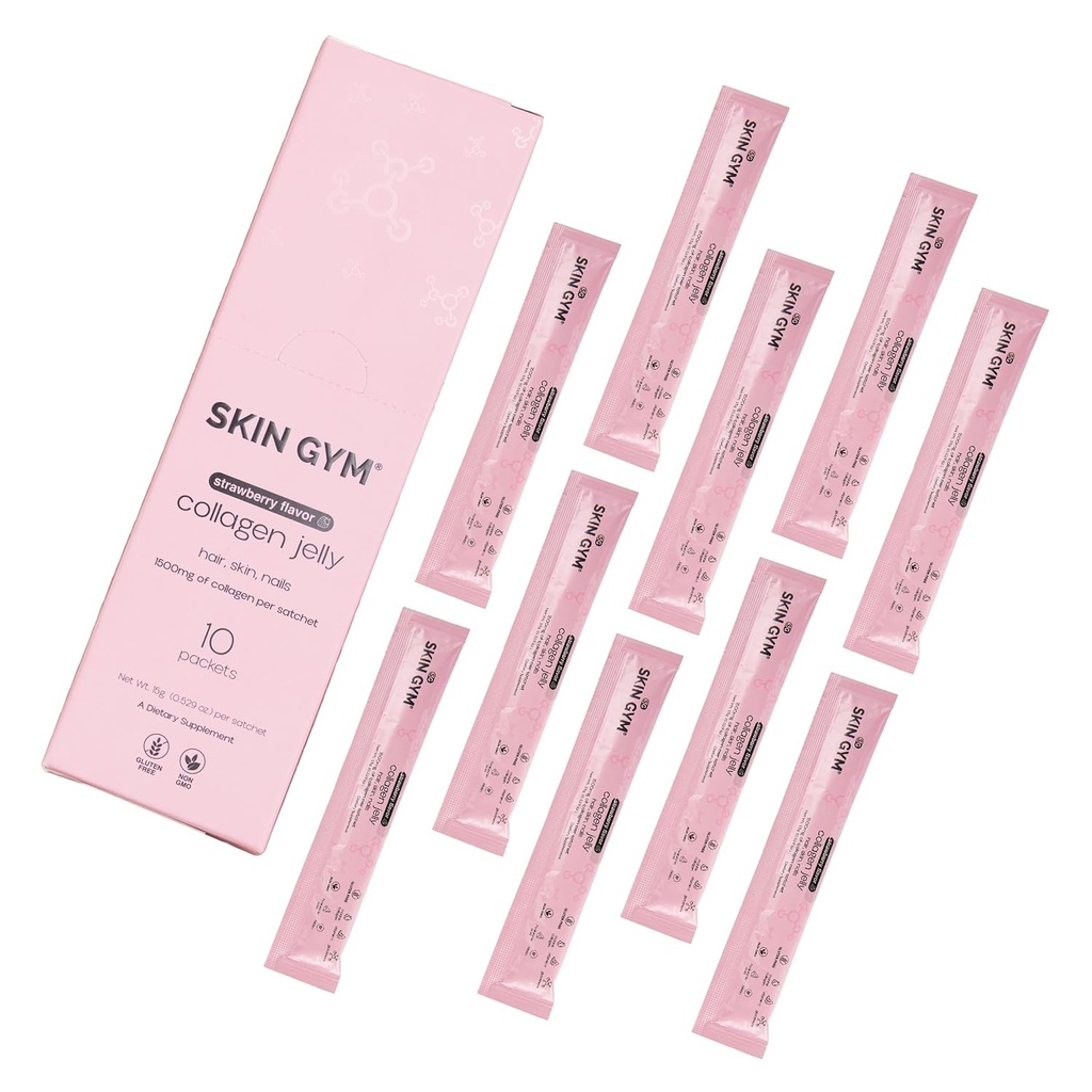 Pelle Gym Collagen Jelly 10-Pack, Collagene marino, Vitamina C & Acido ialuronico, Supplemento di bellezza giornaliero per capelli, pelle & unghie, aroma di fragola, 10 confezione