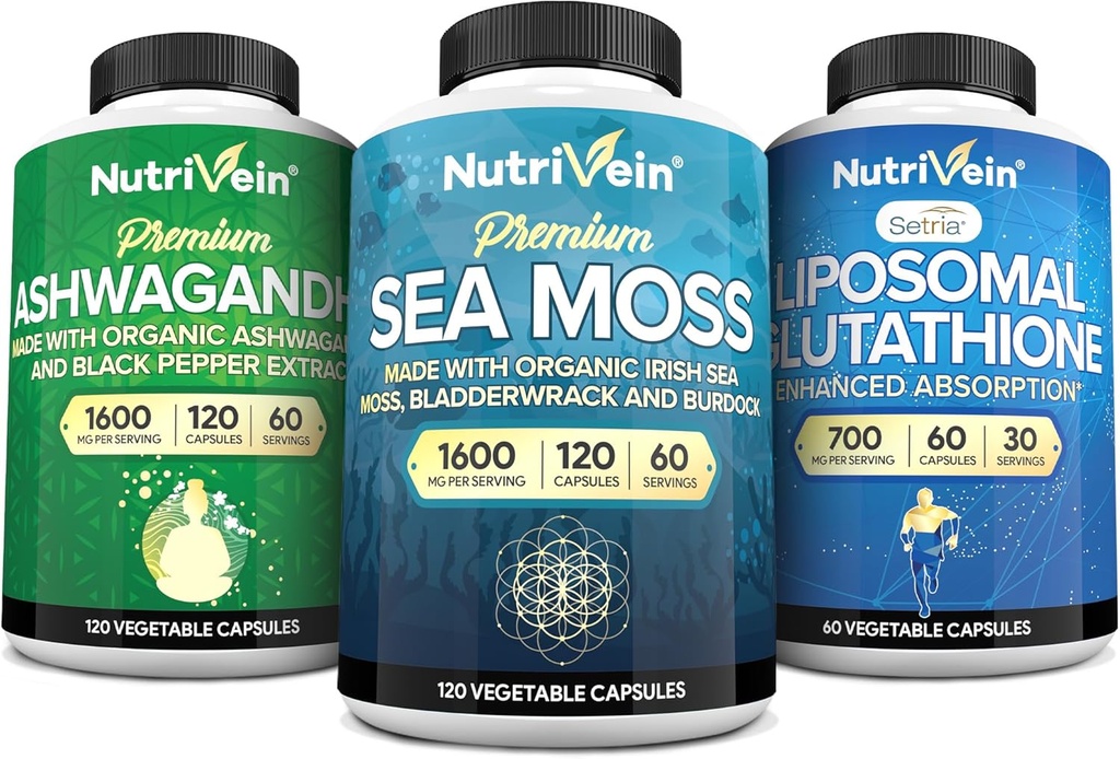 Nutrivein Premium Irish Sea Moss Capsules, Ashwagandha e Liposomal Glutathione Supplement Bundle: Sea Moss, Glutathione ridotto, & Ashwagandha Integratori per Immunità, Mood, Digestione, & Detox