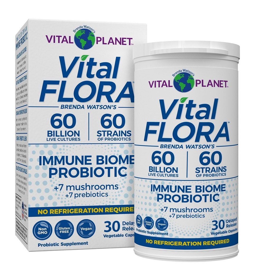 Vital Planet - Vital Flora Supporto Immune Probiotico, 60 miliardi di CFU, 60 Diverse Strains, 7 Organic Mushroom Supplement Blend with Prebiotics, Shelf Stable Digestive Health Probiotics 30 Capsule