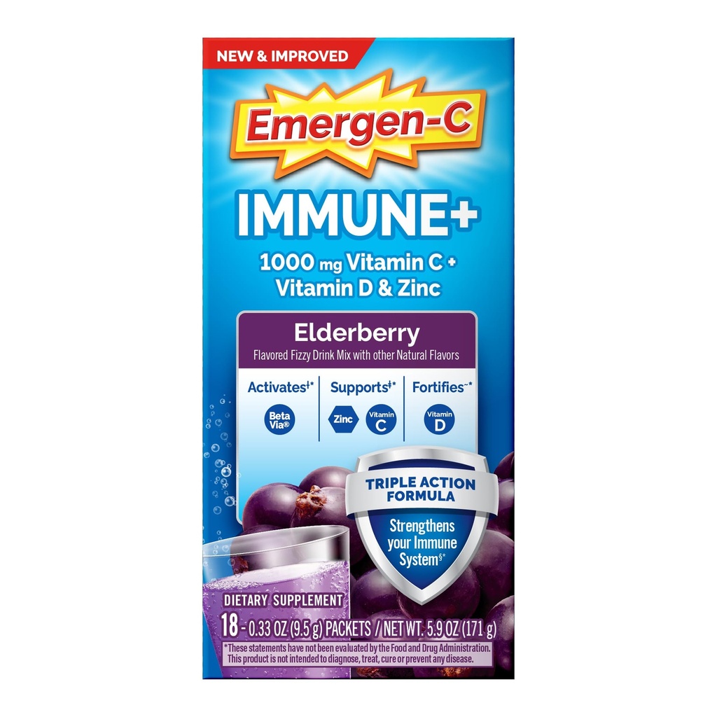 Emergen-C Immune+ Triple Action Immune Support Powder, BetaVia (R), 1000mg Vitamina C, B Vitamine, Vitamine D e Antiossidanti, Elderberry, Back to School Essentials – 18 Conte