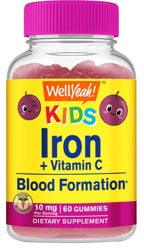 Gummie di ferro di pozzo per i bambini con vitamina C - supporto dell'anemia, formazione di globuli rossi, energia e immunità Gummy di sostegno, Supplementi di ferro per i bambini - OGM Free, Natural Grape Flavor - 60 Conte