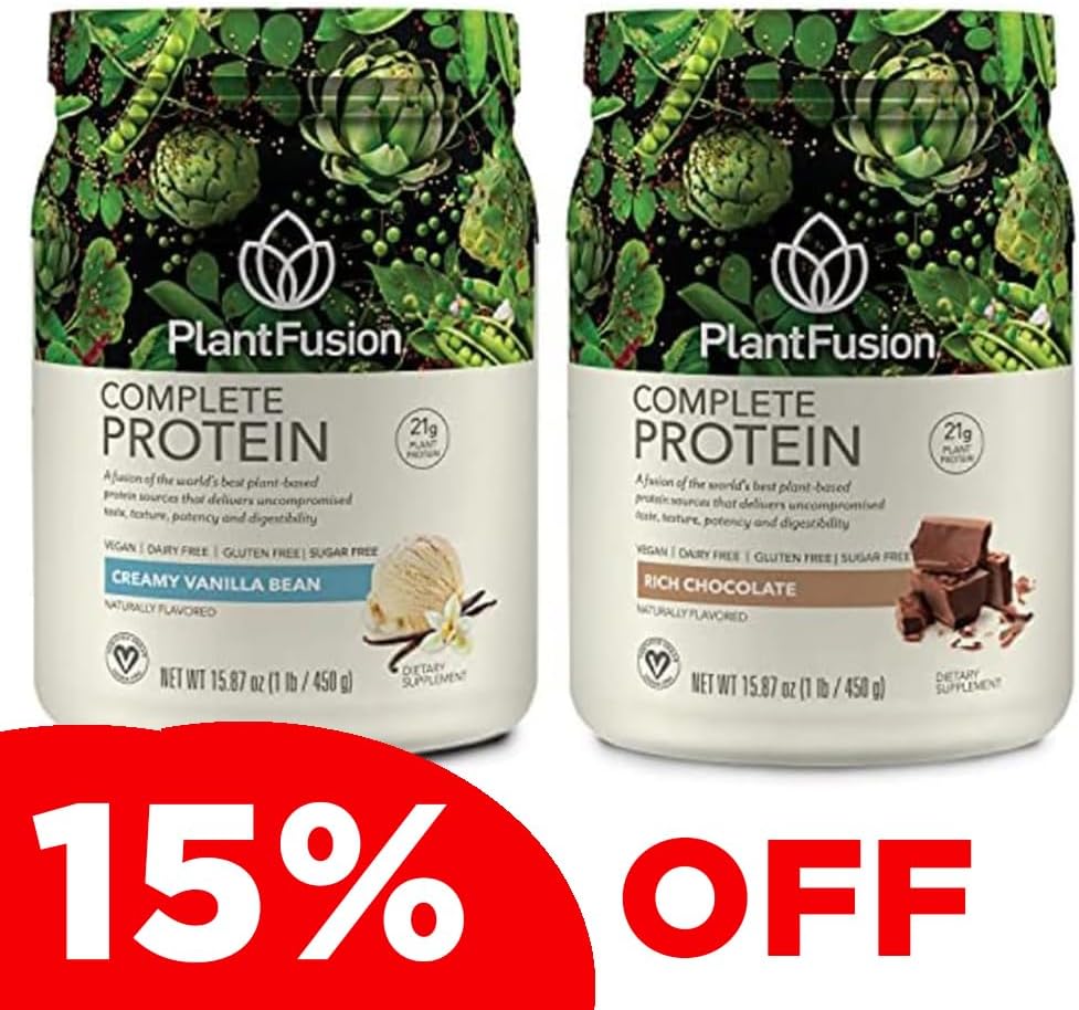 PlantFusion pianta completa base Pea Protein Powder Bundle, Non OGM, Vegan, Dairy Free, Gluten Free, Soy Free, Allergy Free w/Digestive Enzymes, Integratore alimentare, Vanilla Bean e Chocolate 1 Pound