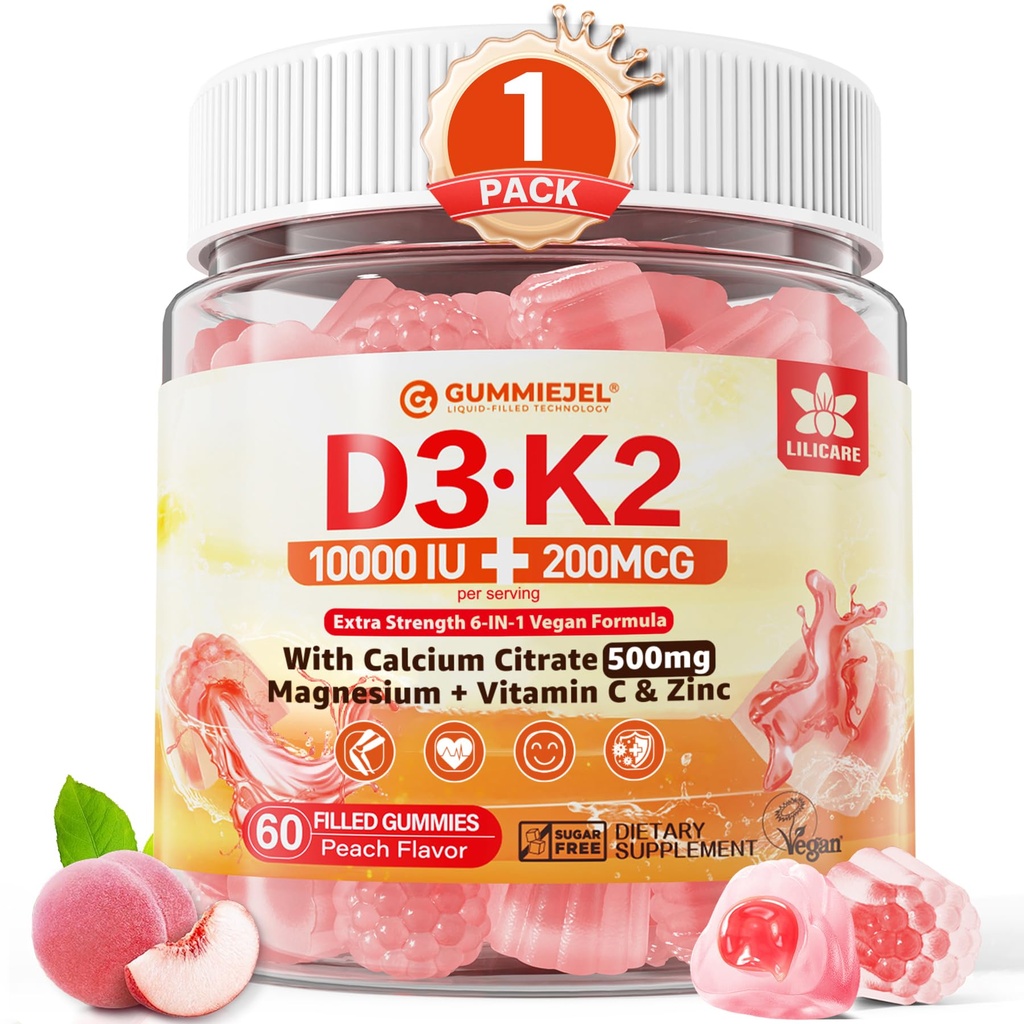 Vitamina D3 K2 Gummies 5000IU / 10.000 IU con 500 mg di calcio + K2 (MK-7) 200mcg, Magnesio, Vitamina C & Zinco, Extra Forza - Assorbenza Ultimate per Bones, Muscoli, Teeth, Vegan, 60 Count (Pack of 1)