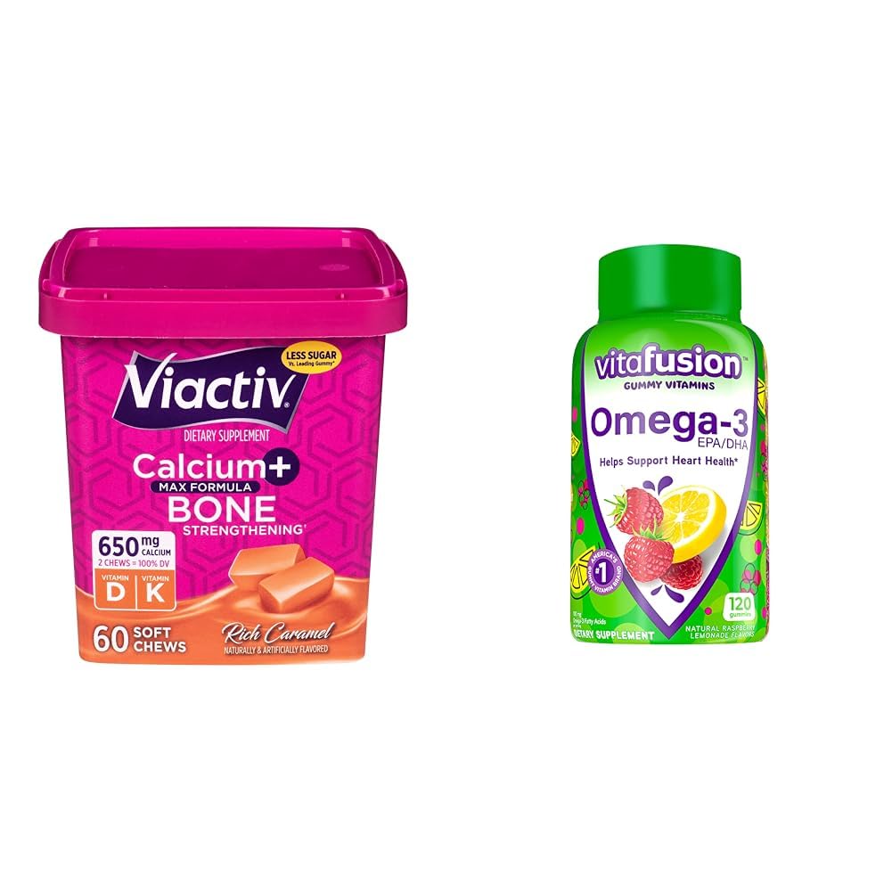 Viactiv Calcium Chews & Vitafusion Omega-3 Gummy Vitamins Bundle - 60 Calcium Chews for Bone Health + 120 Omega-3 Gummies per la salute del cuore