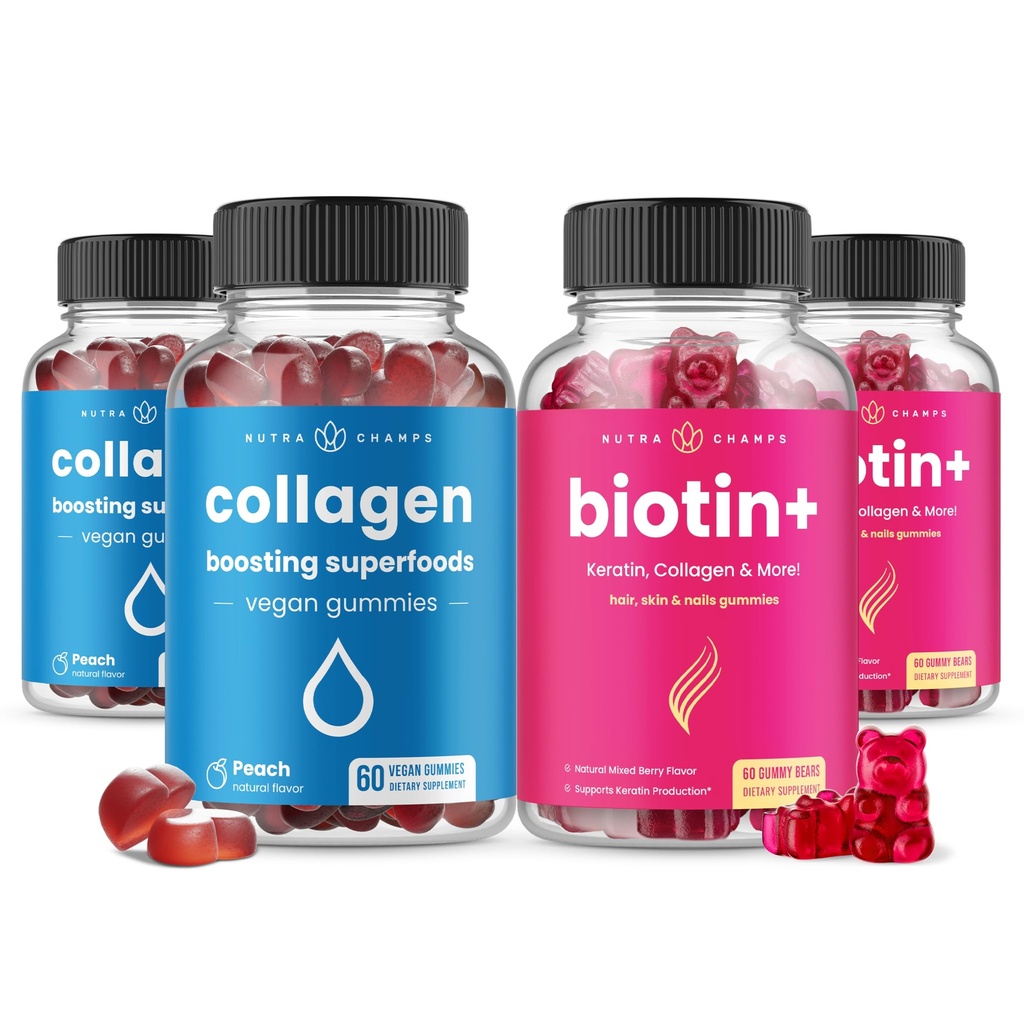 NutraChamps Complete Hair, Skin & Nails Bundle. Biotina, Collagene, Keratin