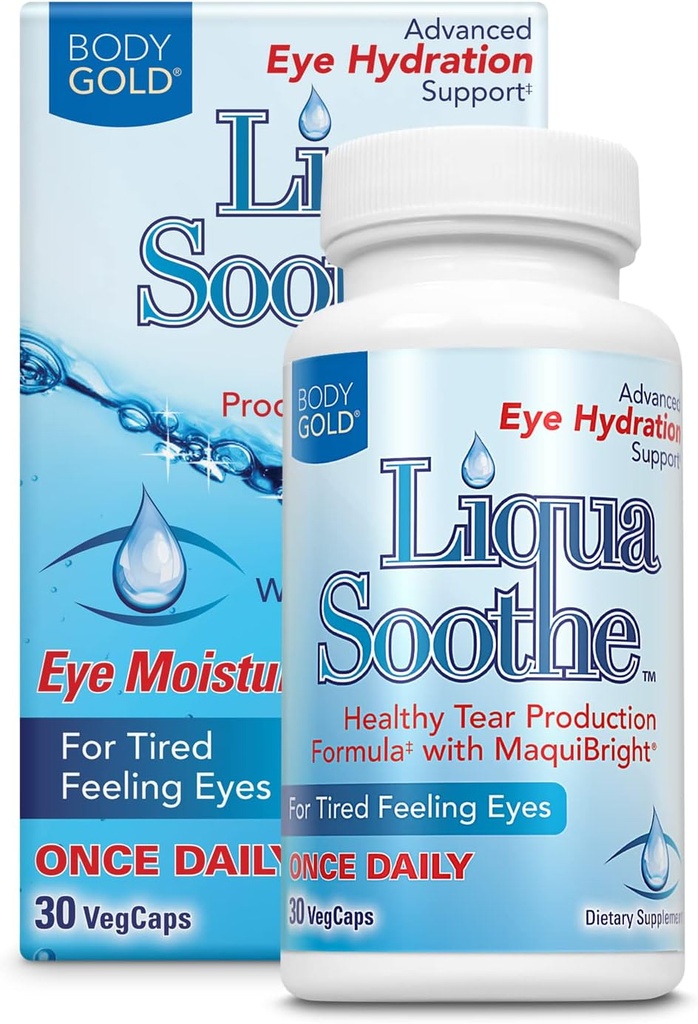 Body Gold Liqua Soothe Eye Health Supplement, Healthy Tear Formula di produzione per gli occhi secchi e tirati, w/MaquiBright, vitamina A, Lutein e acido ialuronico, 60 giorni di garanzia, 30 Serv, 30 VegCaps