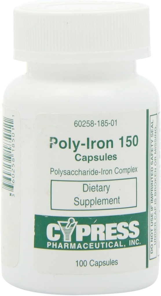 Integratore alimentare - Poly Iron Capsule 150 mg (100 tappi per bottiglia) di Cypress Pharmaceutical #185-01 (1 Bottiglia di 100 Caps)