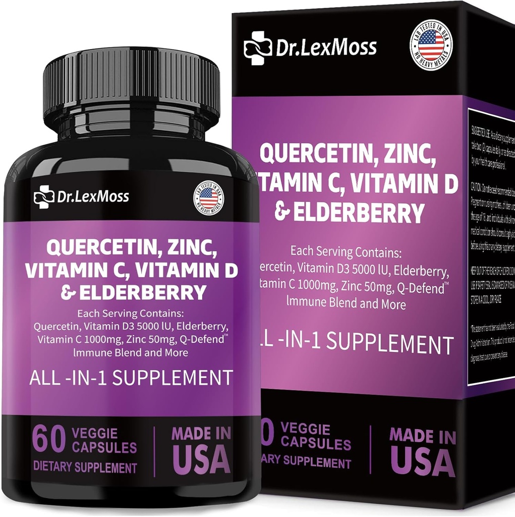 60 Conte Quercetin 1000mg Zinc 50mg Vitamina C 1000mg Vitamina D 5000IU Immune Sistema Integratore con Echinacea Ginger Bromelain Sea Moss Aglio Nettle Vegan Capsule per Uomini e Donne, USA