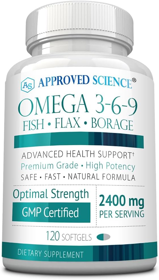 Approvato Scienza Omega 3-6-9-2400mg Miscela giornaliera di pesce, semi di lino e oli di borragine con vitamina E - Supporto benessere - Non OGM, Mercury-Free - 120 Softgels - 2 mesi di alimentazione