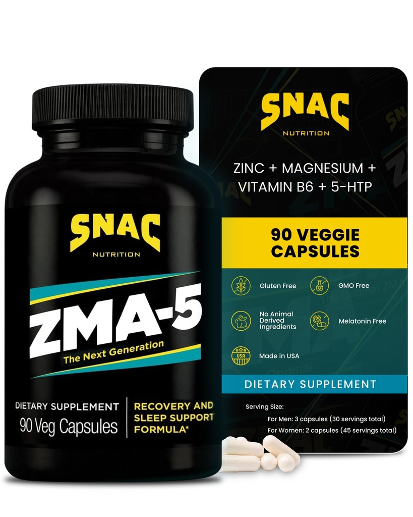SNAC ZMA-5 supplemento di aiuto al sonno, promuove il recupero del muscolo e la crescita, supporto immunitario, & sonno reattivo con zinco, magnesio e 5-HTP, allenamento post, prima di letto ZMA Supplementi 90 capsule vegetali