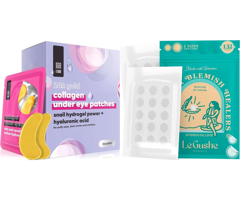 LE GUSHE Pimple Patches for Face (132 punti) & Under Eye Patches (30 coppie). Maschera di occhio d'oro con collagene e aminoacido, cura dell'occhio di raffreddamento per le rughe, occhi gonfiati e cerchi scuri