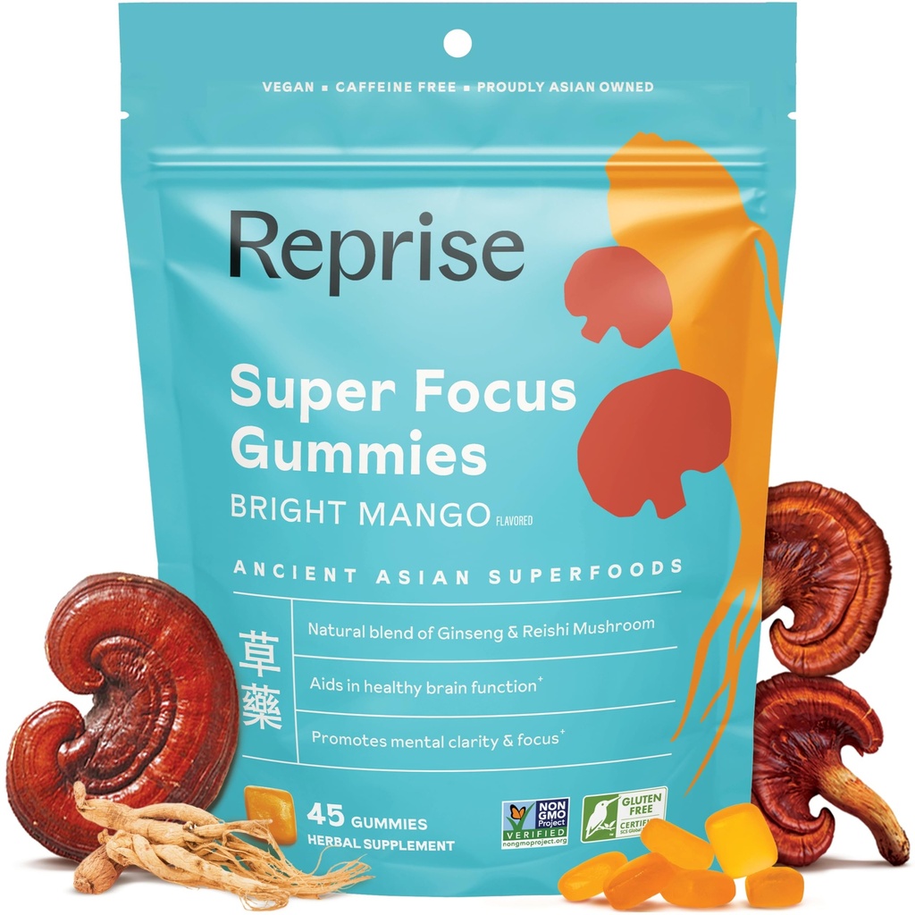 Focus Gummies per adulti | Ginseng americano e coreano con estratti di funghi Reishi | Tutti i gommi naturali per fuoco, mood e energia | Mango aromatizzato | 45 conte