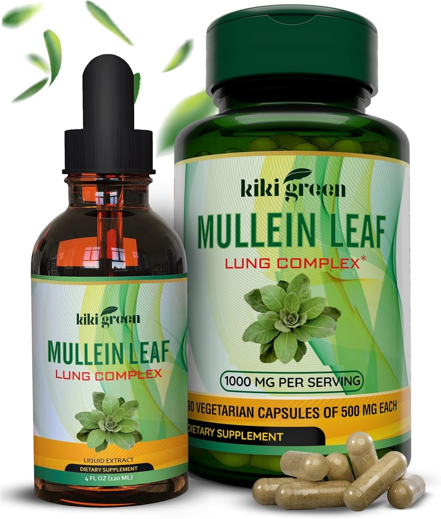 KIKI Green Mullein Capsules & Liquid Drops Bundle - Mullein Leaf Extract Supplements, 90 Capsules + 2 fl oz - per il supporto respiratorio e immunità, Funzione polmonare migliore, Pulisci polmonare e sollievo