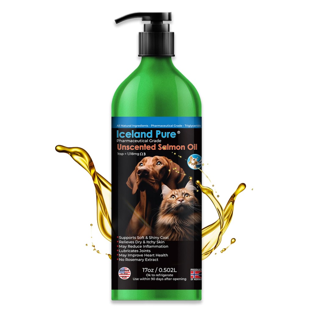 Olio di salmone puro d'Islanda | Grado farmaceutico non concentrato | 1118mg di Omega-3 per cucchiaino | Supplemento alimentare liquido per cani e gatti | BPA-Free Brushed alluminio Epossidica rivestito bottiglia con pompa 17oz