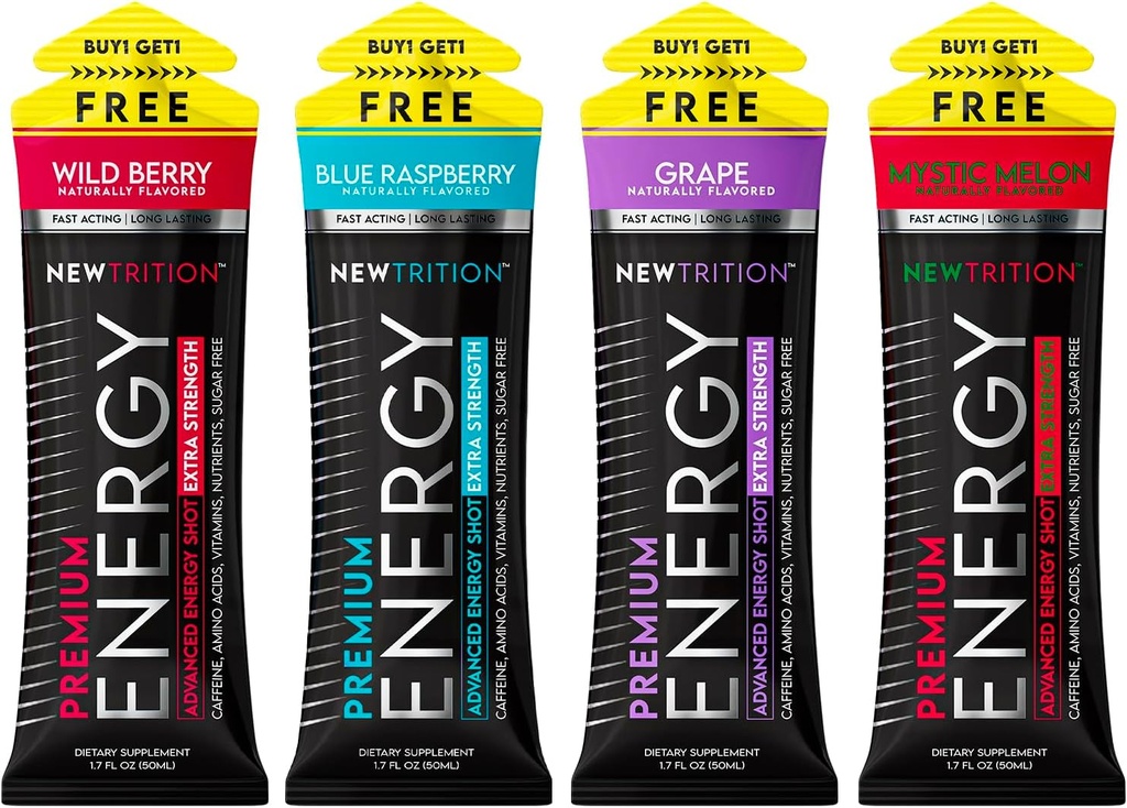NewTrition® Extra Strength Energy Shot, 250mg Caffeine Energy con Vitamina B & Aminoacidi, Zucchero-Free Vitamin Energy Shot, Zero Calorie Focus & Stamina Booster, 1.7 fl oz (Pacchetto di 4, 4 Sapori-Mixed-1)